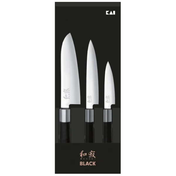 Coffret 3 Couteaux Japonais Universel 10 Cm Universel 15 Cm Et Santoku 16,5 Cm Wasabi Black Kai 1